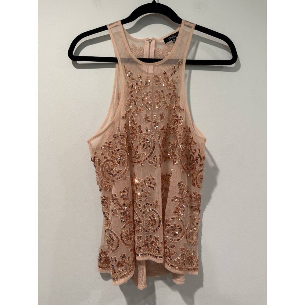 Verte Y2K Sheer Mesh Sequin Beaded Tunic Top Womens Medium Glam Twee Coquette